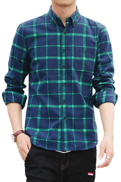 Men's Classic Plaid Printed Long Sleeve Fitted Casual Button-Down Cotton Shirt