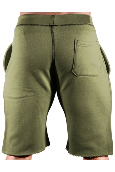 Men's New Stylish Drawstring-Waist Frayed Hem Contrast Piping Simple Plain Running Sweat Shorts