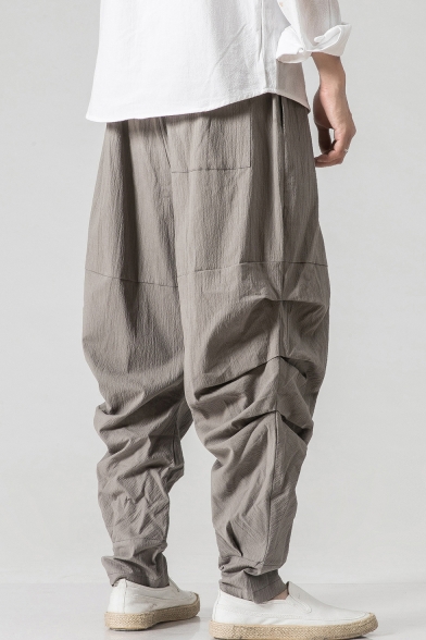 Men's Unique Ruched Detail Drawstring Waist Plain Linen Loose Harem Pants