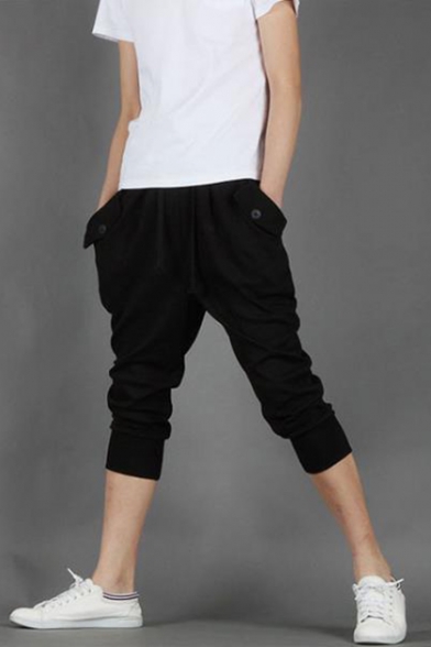 Mens Summer New Trendy Simple Plain Drawstring-Waist Loose Sport Joggers Cropped Sweatpants