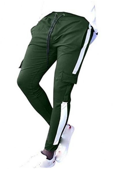 Mens Trendy Flap Pocket Tape Side Drawstring Waist Skinny-Fit Sport Pencil Pants