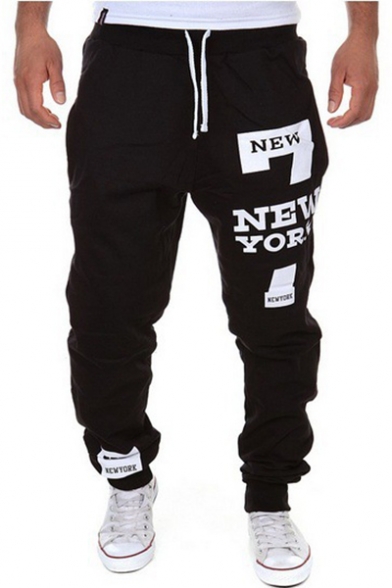 New Stylish Cool Number 7 Letter NEW YORK Print Drawstring Waist Casual Cotton Black Track Pants