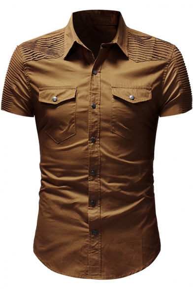 New Stylish Pleated Shoulder Short Sleeve Basic Plain Slim Fit Button-Up Work Shirt for Men