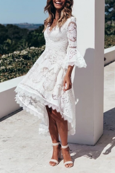 New Stylish White V-Neck Flared Sleeve Midi Lace Asymmetrical Dress
