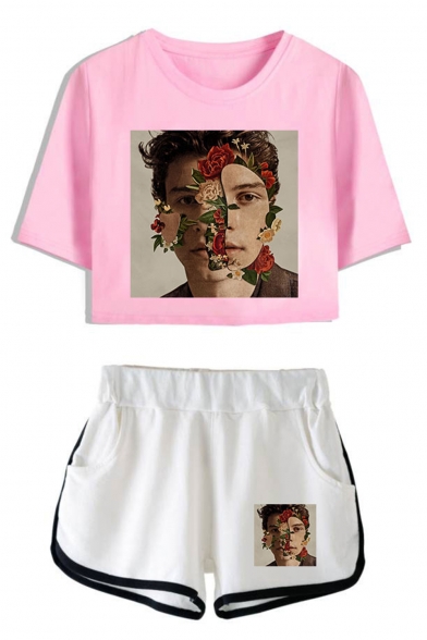 Popular Floral Figure Printed Cropped T-Shirt Casual Shorts Fashion Two-Piece Set