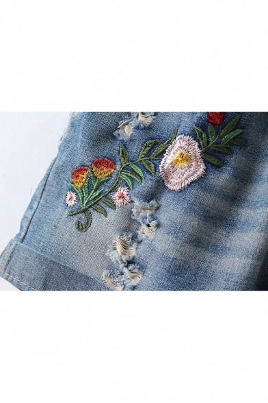 Retro Floral Embroidered Distressed Ripped Detail Drawstring Waist Loose Denim Shorts