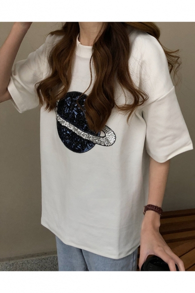 Sequined Galaxy Moon Print Loose Casual Crew Neck Cotton T-Shirt
