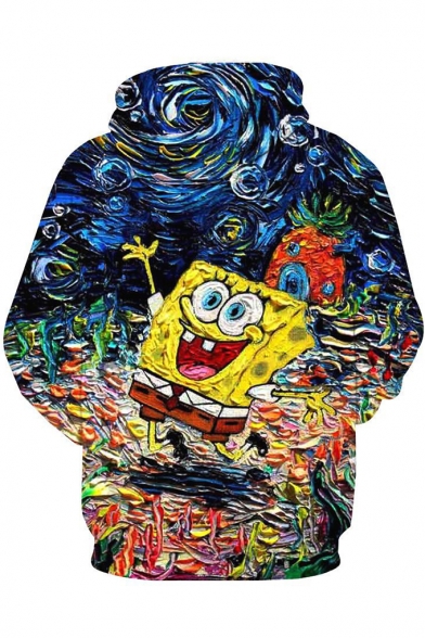 SquarePants New Stylish 3D Oil Painting Loose Fit Drawstring Hoodie
