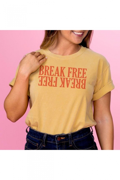 Street Letter BREAK FREE FREE BREAK Basic Short Sleeve Round Neck Yellow T-Shirt