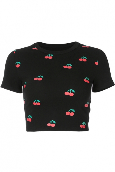 Summer Fashion All Over Cherry Printed Crew Neck Short Sleeve Black Cropped T-Shirt