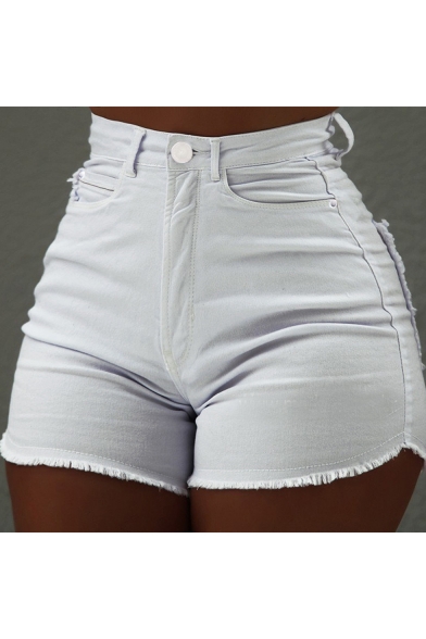 Summer Solid Color Fashion Fringed Hem Skinny Fit Denim Shorts