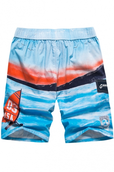 Summer Stylish Wave Printed Drawstring Waist Quick-Dry Casual Loose Swim Shorts