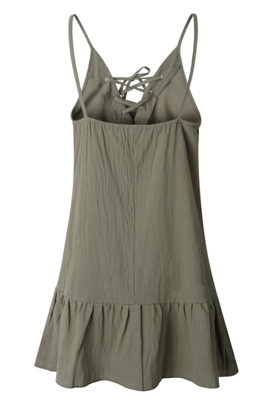 Summer Womens New Fashion Lace-Up Front Chic Ruffle Hem Simple Plain Mini Slip Dress