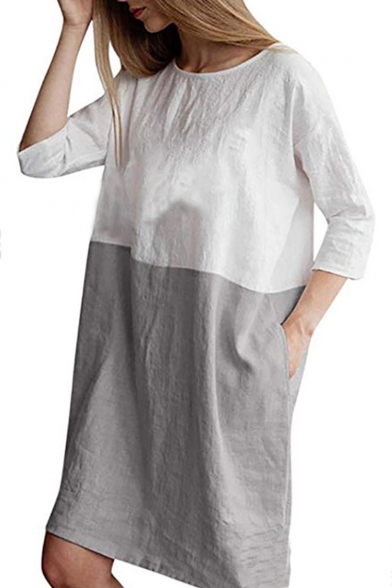 Trendy Colorblock Patched Round Neck Three-Quarter Sleeve Midi Linen Shift Dress