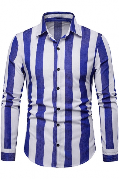 Trendy Vertical Striped Print Men's Long Sleeve Slim Fit Business Shirt