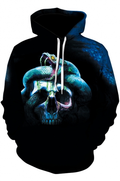 Snake Skull 3D Horror Pattern Long Sleeve Pullover Relaxed Blue Hoodie
