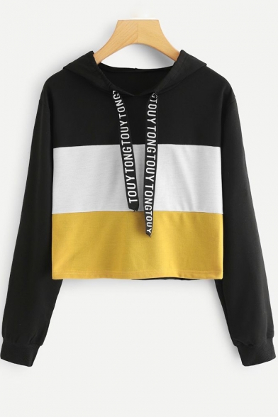 Women's Unique Letter Drawstring Colorblocked Long Sleeve Cropped Black Hoodie
