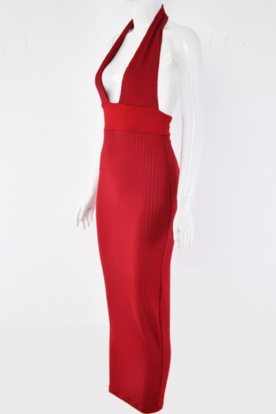 Womens New Fashion Simple Plain Halter Sleeveless Backless Maxi Bodycon Dress