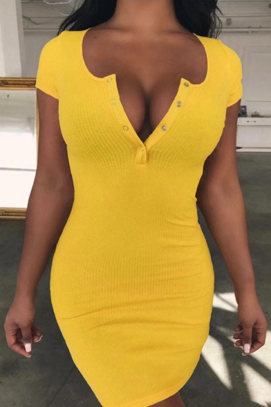 Womens Sexy Night Club Button V-Neck Short Sleeve Plain Mini Bodycon Dress