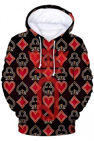 Cool Unique King Queen Poker Card Print Long Sleeve Casual Loose Drawstring Hoodie