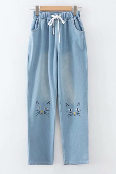 Cute Cat Face Embroidered Drawstring Waist Distressed Casual Preppy Jeans