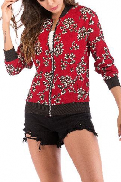Floral Printed Stand Collar Long Sleeve Zip Up Jacket