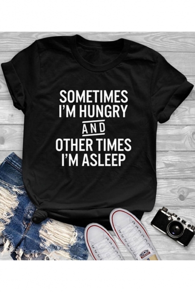 Funny Letter SOMETIMES I'M HUNGRY Loose Fit Black T-Shirt