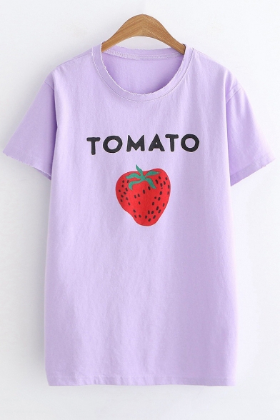 

Funny Letter TOMATO Strawberry Printed Round Neck Short Sleeve Casual Tee, LC509406, Pink;white;purple