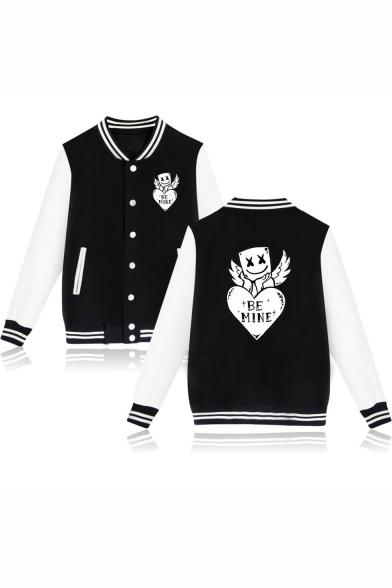 Funny Cartoon Wing Letter BE MINE Print Stand-Collar Button Down Baseball Jacket
