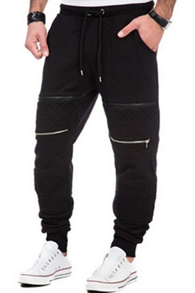 Men's Hip Hop Style Patchwork Knee Zip Embellished Drawstring Waist Sport Cotton Pants Sweatpants