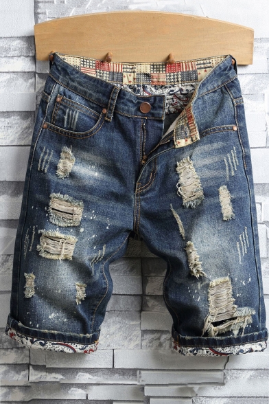 Men's Retro Distressed Ripped Detail Rolled Cuff Fitted Blue Denim Shorts