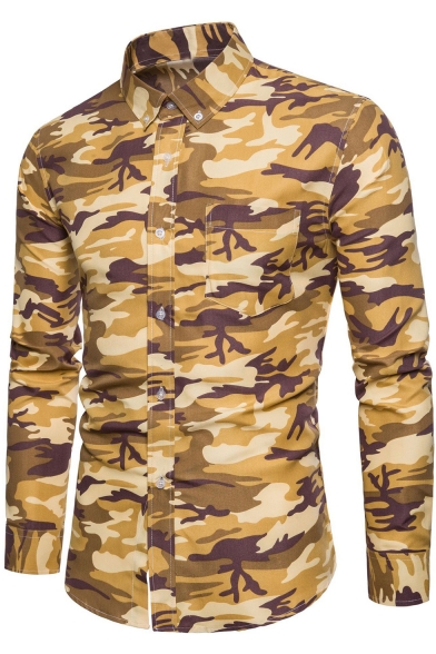Men's Stylish Camoflage Pattern One Pocket Long Sleeve Fitted Button-Down Shirt
