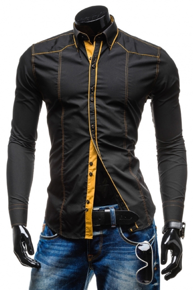 Men's Stylish Contrast Stitching Long Sleeve Slim Fitted Button-Down Shirt