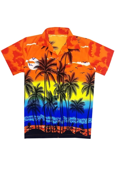 Men's Summer Fashion Hawaiian Tropical Coconut Palm Print Casual Orange Camp Shirt