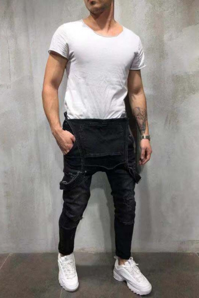 Mens Cool Casual Washed-Denim Fashion Ripped Destroyed Slim Fit Overall Jeans