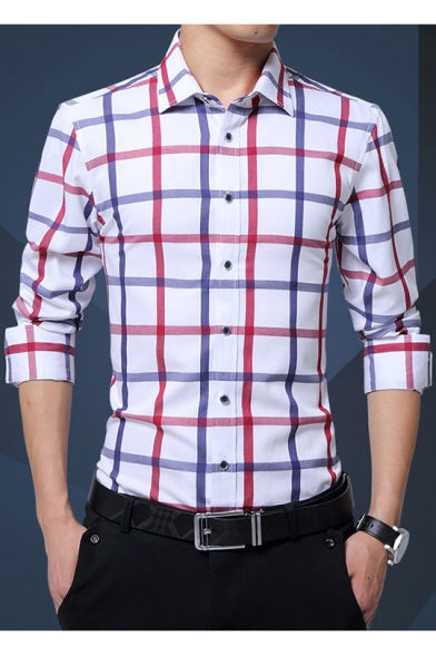 Mens New Stylish Plaid Pattern Long Sleeve Cotton Button-Up Slim Fit Shirt