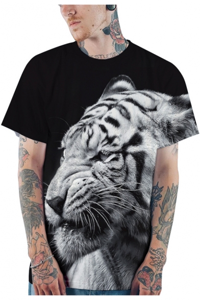 New Stylish Crewneck Short Sleeve 3D Tiger Print Black T-Shirt
