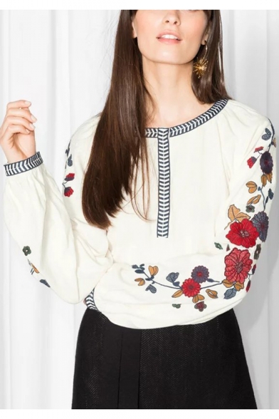 

New Trendy Round Neck Chic Floral Printed Long Sleeve Pullover Blouse, LC446258