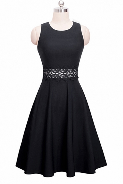 Simple Graceful Round Neck Sleeveless Chic Lace-Trimmed Waist Plain Midi A-Line Dress