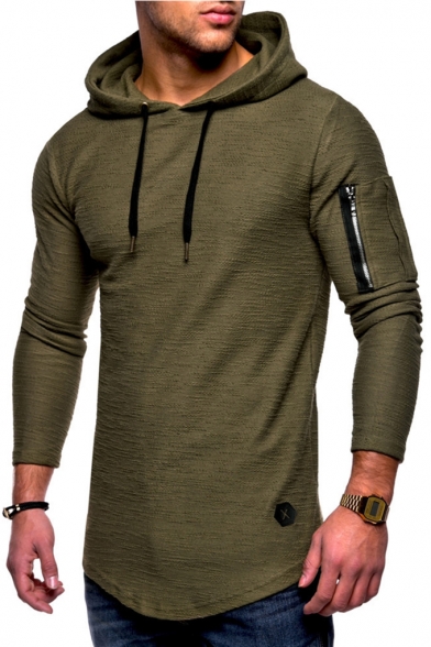 Simple Plain Fashion Zip Patched Long Sleeve Slim Fitted Hooded T-Shirt ...