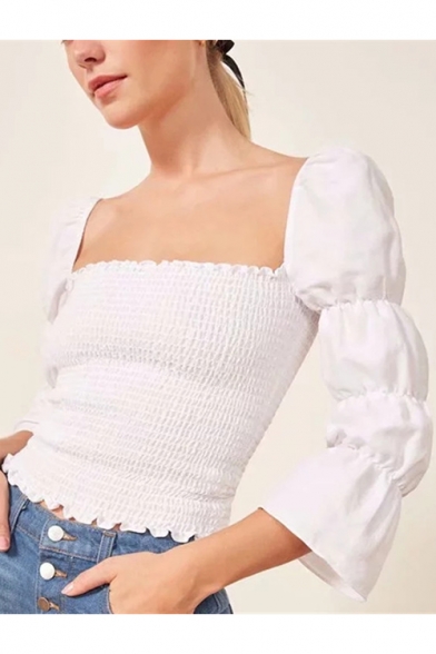 Square Neck Puff Sleeve 3/4 Length Sleeve Cropped Blouse