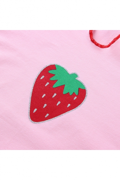 Summer Cute Strawberry Print Contrast Trim Cropped Slim Pink T-Shirt for Girls