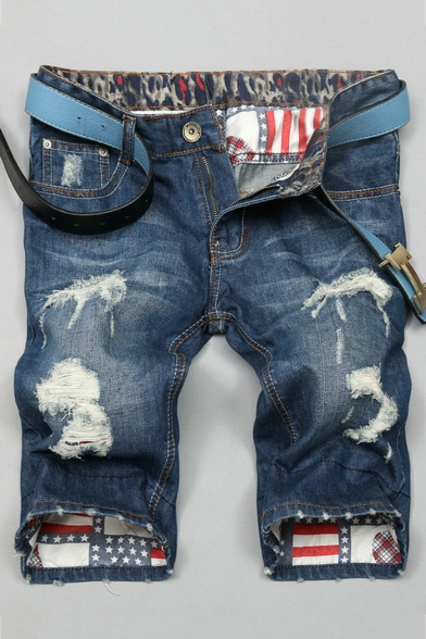 Summer New Fashion Flag Patched Inside Cool Skull Print Ripped Destroyed Light Blue Fitted Denim Shorts for Guys