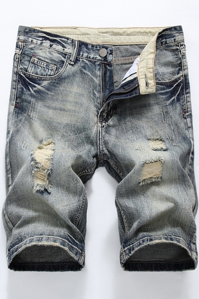 Summer Retro Washed Fashion Ripped Distressed Mens Fitted Casual Jeans Denim Shorts