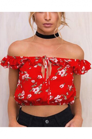Summer's Off The Shoulder Ruffle Hem Floral Printed Cropped Chiffon Top