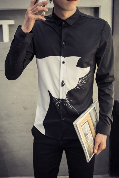 Unique Cool Cat Printed Basic Long Sleeve Fitted Button-Up Shirt for Men