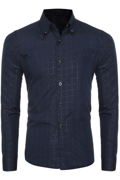 Unique Dark Lattice Detail Mens Long Sleeve Slim Fitted Button-Down Business Shirt