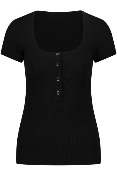 Womens Sexy Button Embellished V-Neck Short Sleeve Plain Slim T-Shirt