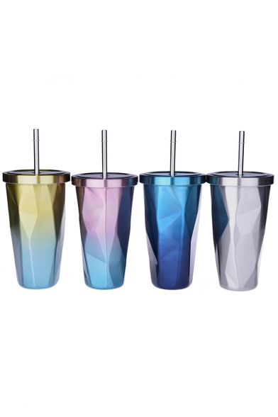 500ml Stainless Steel Cups Gradient Color Diamond Double Wall Travel Water Bottles with Straw