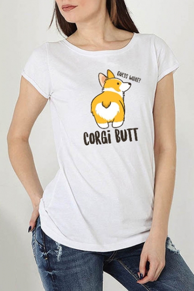 Cartoon Letter CORGI BUTT Pattern Casual Relaxed White Cotton T-Shirt